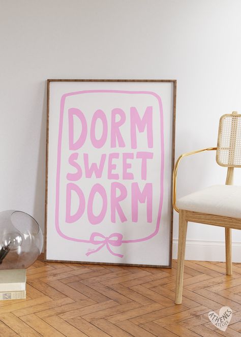 Dorm sweet dorm, Light pink dorm room decor, Dorm room essentials, dorm door sign, coquette dorm decor, roommate gift, girly dorm prints Easy Diy Dorm Decor, Signs For Dorm Rooms, Pink Dorm Decorations, Dorm Walls Ideas, Dorm Sweet Dorm Sign, Cool Girl Dorm Room, Dorm Inspo Cozy Pink, Dormify Room Ideas, Cute Dorm Paintings