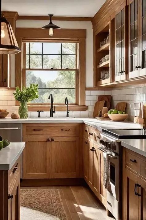 This kitchen highlights the beauty of natural wood. Exposed beams, paneled cabinets, and brass accents create a rustic vibe. The classic appliances blend seamlessly into the design. This idea shows how to use wood in kitchen renovation projects. Rustic Wood Kitchen Cabinets, Wood In Kitchen, Paneled Cabinets, Modern Traditional Kitchen, Natural Wood Kitchen Cabinets, Traditional Kitchen Ideas, Traditional Kitchen Designs, Hickory Kitchen Cabinets, Log Home Kitchens