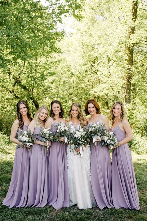 Rustic mellow lavender bridesmaids in the forest, outdoor weddings, spring weddings. Light Purple Bridesmaid Dresses, Spring Wedding Bridesmaids, Dresses Lilac, Lavender Wedding Theme, Bridesmaids Spring, Lilac Bridesmaid, Lavender Bridesmaid, Lavender Bridesmaid Dresses, Lilac Bridesmaid Dresses