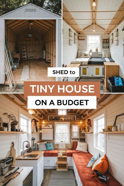 Ready to transform your shed? Check out DIY shed plans and learn how to build a 12x20 cabin on a budget. Discover the cost to build a tiny house from shed and save money with cheap price ideas to build a tiny house from shed. #ShedToTinyHouse #DIYProject #AffordableLiving Portable Building Tiny House, Backyard Office With Bathroom, 16x52 Shed House Interior, Converting Shed To Living Space, 700sqft House Design, Backyard Guest House Plans, Turn Shed Into Tiny House, 16x52 Shed House, 10 X 16 Tiny House