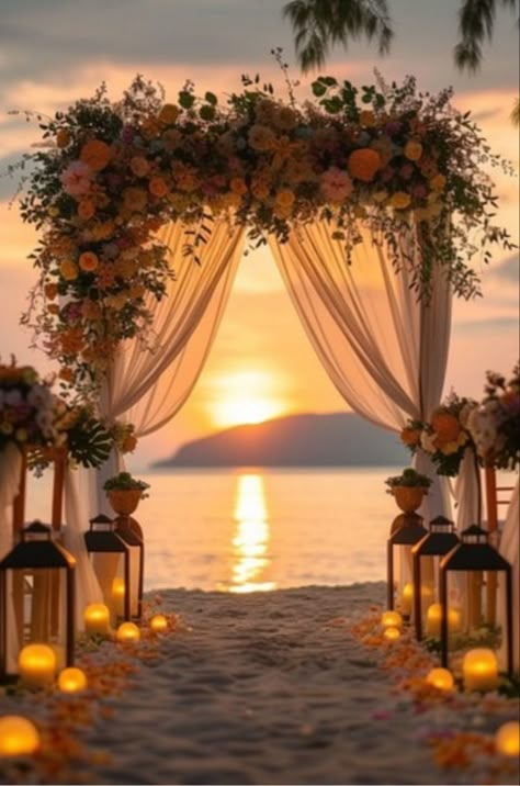 Beach wedding ceremony at sunset 🌅 Covered Beach Wedding, Married On The Beach, Beach Weddings Wedding Ceremony Decor, Wedding Beach Ceremony Decorations, Wedding Ceremony Venue Ideas, Sunset Beach Wedding Ceremony, Luxury Wedding Decor Outdoor, Beach Wedding Ceremony Set Up, Beach Wedding Aesthetic Sunset