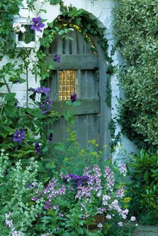 private garden. Sussex. Blue garden gate. Clematis 'The President' Garden Door, Flowers And Greenery, Green Door, The Secret Garden, Garden Gate, Old Door, Plants And Flowers, Garden Doors, Old Doors