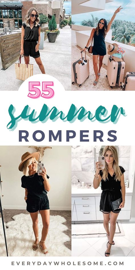 Summer rompers for women and romper outfit ideas for summer and the beach. You'll find black jumpsuit outfit ideas and others with color. Most of these spring and summer outfit ideas are casual romper, tracksuit and jumpsuit ideas. Rompers, romper outfits, petite outfits you can wear for all the things, work, mom life and around town. Short Romper Outfit Summer, Family Reunion Outfit Ideas Summer, Styling Rompers Summer Outfits, Women Romper Outfits, Womens Romper Outfit, Womens Rompers Summer, Women’s Rompers, Black Shorts Jumpsuit Outfit, Black Short Romper Outfit