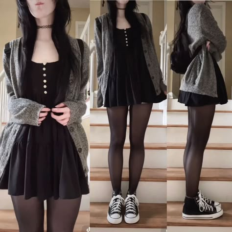 Cute Winter Outfits Alt, Nerdy Goth Aesthetic, Dark Coquette Dresses, Style Black Dress Casual, Cute Goth Winter Outfits, Black Dress Outfit Grunge, Cute Innocent Outfits, Alt Outfits Fem, Kera 08 Outfits