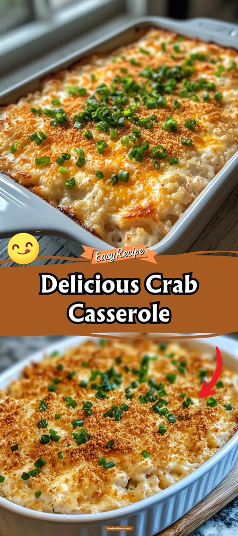 Indulge in the rich and creamy flavors of Crab Casserole, a luxurious blend of tender crab meat, cheese, and herbs baked to golden perfection. This elegant dish is perfect for special occasions or as a comforting weeknight treat. Enjoy the delicate flavors that make every bite a seafood delight. #CrabCasserole #SeafoodDinner #GourmetMeal Crab Souffle Recipes, Seafood Mac And Cheese Crab Meat, Crab Casserole Recipes Dinners, Dishes With Crab Meat, Crab Shrimp Casserole, Crab Brunch Casserole, Seafood And Rice Casserole Recipes, Easy Seafood Casserole, Crab Pasta Dishes