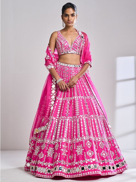 Fuchsia Mirror Work Lehenga Set | Seema Gujral Lehenga Designs 2023, Best Bridal Lehenga, Pink Bridal Lehenga, Seema Gujral, Mirror Work Lehenga, Bridal Lehenga Designs, Raw Silk Lehenga, Work Lehenga, Lehenga Blouse Designs