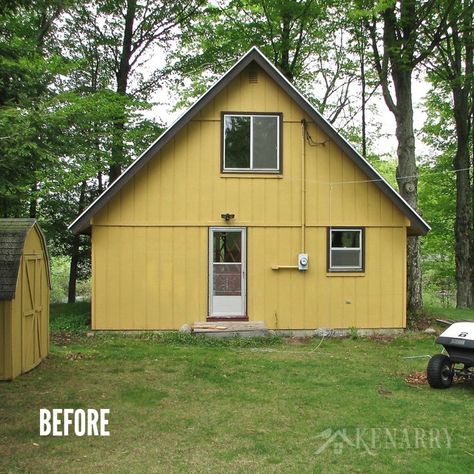 Wow! This little cabin was in desperate need of an extreme cottage makeover! I love seeing all the before/after photos as well as a video tour showing how this little home on a river has been transformed. Cottage Remodel Before And After, Small Cabin Remodel Before And After, Small Cabin Makeover, Small Cottage Makeover, Cabin Update Ideas, Cabin Renovation Ideas, Small Cabin Renovation, 70s Cabin Aesthetic, Cabin Makeover Before After