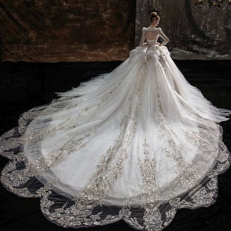 Cascading Ruffles Wedding Dress, Royal Train, Big Wedding Dresses, Wedding Dresses Cinderella, Long Train Wedding Dress, Royal Wedding Dress, Ruffle Wedding Dress, Pretty Wedding Dresses, Cascading Ruffles