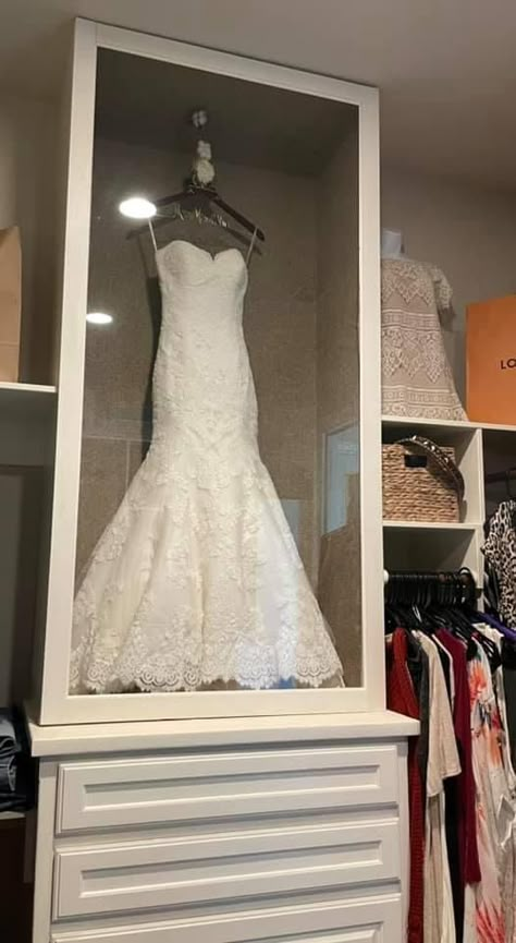 Wedding Dress Display Case, Framed Wedding Dress In Closet, Closet With Wedding Dress Display, Wedding Dress Closet Display, Framing Wedding Dress, Shadow Box Wedding Dress, Wedding Dress Shadow Box Display, Wedding Dress Display At Home, Wedding Dress Display In Closet