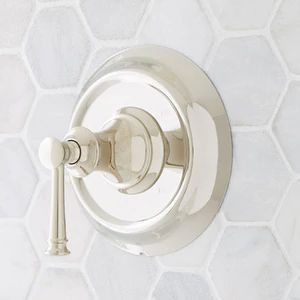 Signature Hardware Beasley Two Handle Roman Tub Faucet in Polished Nickel (Trim Only) - 448484 - Ferguson Clawfoot Tub Shower, Porcelain Sinks, Japanese Soaking Tubs, Black Kitchen Faucets, Acrylic Tub, Chrome Faucet, Brass Faucet, Bath Or Shower, Faucet Handles