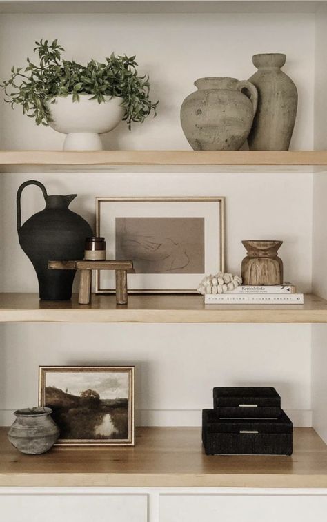 Tv Shelf Styling, Alcove Styling Ideas, Long Shelves Decor, Shea Mcgee Shelf Styling, Modern Vintage Shelf Decor, Style Office Shelves, Modern Minimalist Shelf Decor, Styling A Wall Shelf, Shelf Styling Living Room Modern