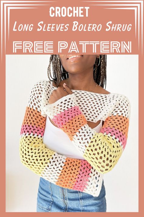 Free Crochet Long Sleeves Bolero Shrug Pattern Crochet Long Sleeve Bolero Pattern, Diy Crochet Bolero, Crochet Shrug With Sleeves, Free Crochet Shrug Patterns For Women, Crochet Shrug Pattern Free Easy, Bolero Crochet Pattern Free, Shrug Crochet Pattern Free, Crochet Sleeves Pattern Free, Crochet Shrug Free Pattern