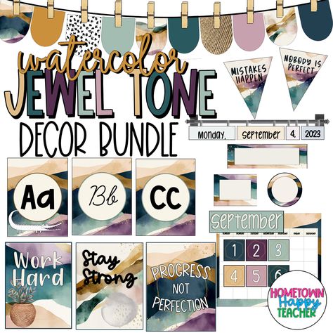 Refresh your space with our Jewel Tones Decor Bundle. Calm Colors Bulletin Board Ideas, Color Schemes For Classroom, Jewel Tone Classroom, Unique Classroom Themes Elementary, Classroom Color Scheme, Watercolor Classroom Decor, Jewel Tone Decor, Watercolor Classroom, Calm Classroom