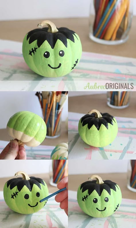 Cute Painted Pumpkin Ideas, Frankenstein Pumpkin, Monster Faces, Halloween Pumpkin Crafts, Moldes Halloween, Creative Pumpkin Painting, Creative Pumpkin Decorating, Food Halloween, Pumpkin Decorating Contest