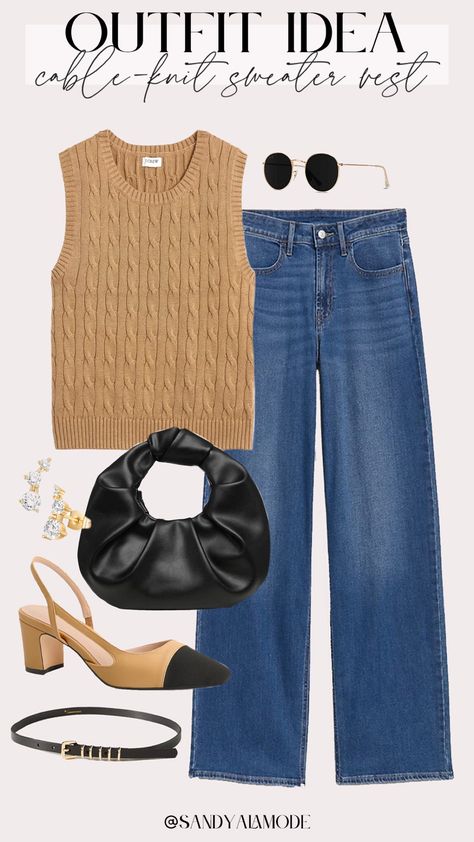 Cable-knit sweater-vest curated on LTK Cable Knit Sweater Outfit, Sweater Outfit Ideas, Knit Sweater Outfit, Inspired Handbags, Chic Fall Outfits, Sweater Outfit, Casual Vest, Fall Accessories, Fall 2023