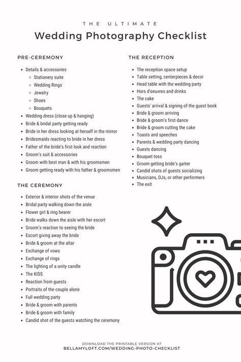 Wedding Photography Checklist Wedding Photography Checklist Printable, Photographer Checklist, Post Wedding Checklist, Wedding Photographer Checklist, Wedding Photography Poses Bridal Party, Wedding Photography Shot List, Photography Business Plan, Photography Checklist, Wedding Photo Checklist