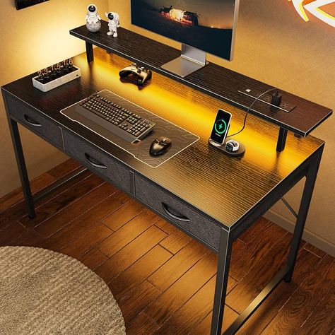 Amazon.com: Huuger 47 inch Computer Desk with 3 Drawers, Office Desk Gaming Desk with LED Lights & Power Outlets, Home Office Desks with Storage Space for Bedroom, Work from Home, Rustic Brown : Home & Kitchen Desks With Storage, Work Cubicle Decor, Desk With Led Lights, Computer Desk With Drawers, Gaming Setup Ideas, Work Cubicle, Desk Gaming, Wall Shelves & Ledges, Cubicle Decor