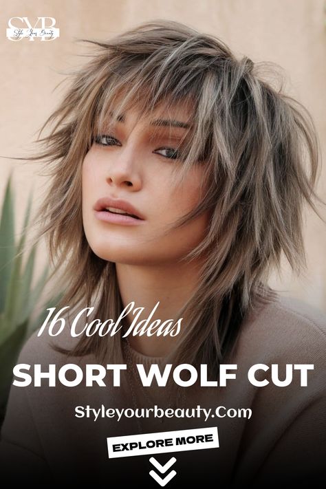 Embrace the messy, undone look with a shaggy short wolf cut featuring tousled layers. The layers add texture and volume, giving your hair a carefree, rock-and-roll vibe. It�s the ultimate low-maintenance style that still looks chic. Shaggy Wolfcut Short, Rock And Roll Hairstyles For Women, Shaggy Wolfcut Medium Hair, Wolf Haircut For Women, Messy Wolf Cut, Rock And Roll Hairstyles, Shaggy Wolf Cut, Shaggy Layered Haircut, Wolf Haircuts