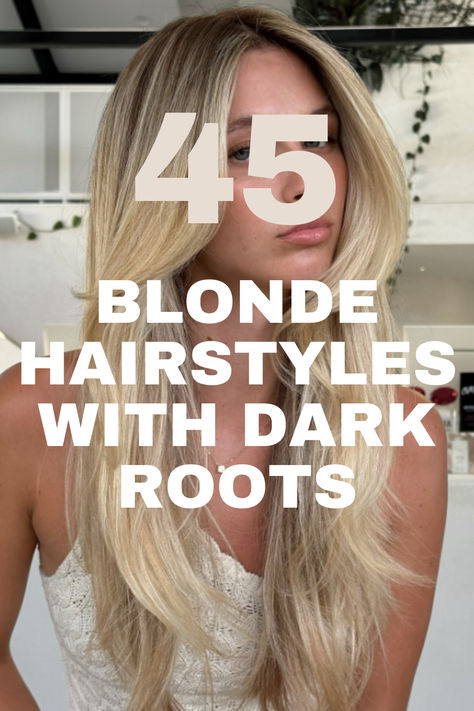 Long blonde hairstyle with face-framing layers, styled for a natural and voluminous look. Gradual Blonde Hair, Blonde Extensions With Dark Roots, Deep Rooted Blonde Balayage, Vacation Blonde Hair, Light Blonde With Dark Roots, Sandy Blonde Balayage Dark Roots, Old Money Blonde Hair Dark Roots, Light Brown Roots Blonde Hair, Grown Out Blonde Hair Roots