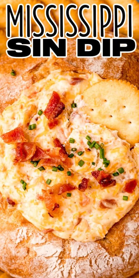 Mississippi Sin Dip is an addictive tailgating favorite full of creamy, cheesy goodness and lots of bacon in a bread bowl! #BreadBoozeBacon #mississippisin #diprecipe #appetizer #cheese #bacon #hotsauce #footballfood #tailgating Hawaiian Bread Bowl Dip, Dips In Bread Bowls Appetizers, Dips With Bread Bowls, Baked Bread Bowl Dip, Hot Bread Bowl Dip, Appetizer Recipes Dip Party Appetizers, Bread And Dip Recipes, Bread Bowls Dip, Hot Bacon Cheese Dip In Bread Bowl