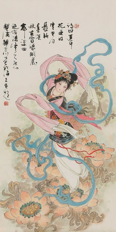 Artwork by Hua Sanchuan, DANCING LADY, Made of Ink and color on paper Famous Japanese Paintings, Traditional Chinese Women Art, Chinese Folklore Art, Old Japanese Art Wallpaper, Hua Sanchuan, Japanese Painting Traditional, Old Chinese Art, Japanese Traditional Painting, Chinese Art Traditional