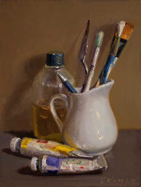 Wang Fine Art: still life  with paint and brushes, small painting... Photo Realism Painting, Cool Still Life Drawings, Painted Still Life, Acrylic Paint Still Life, Still Life Contemporary, Stillife Painting, Acrylic Still Life Paintings, Still Life Painting Acrylic, Still Life Aesthetic