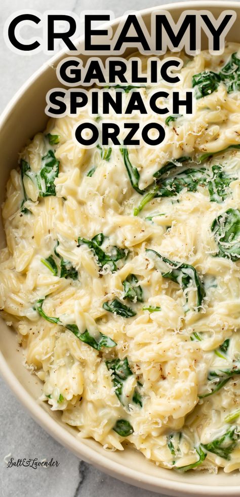 Creamy Garlic Orzo, Orzo Recipes Side, Garlic Orzo, Spinach Orzo, Spinach Side Dish, Orzo Pasta Recipes, Creamy Orzo, Orzo Recipe, Best Side Dish