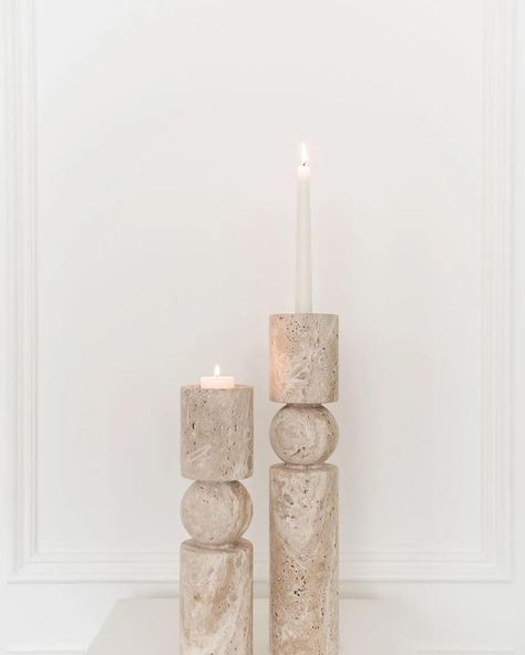 Stone Candle Holder, Stone Candles, Travertine Stone, Taper Candles, Candle Set, Mykonos, Home Decor Inspiration, Home Interior, Home Deco