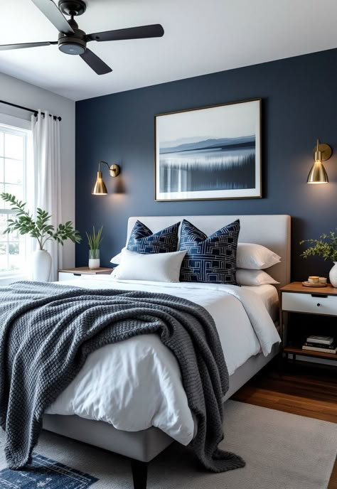 coastal bedroom decorating Navy Bedroom White Furniture, Navy Blue Bedroom Inspiration, Coastal Modern Bedding, Guest Bedroom Ideas Navy Blue, Beige And Dark Blue Bedroom, Navy White Bedroom Ideas, Blue White Bedroom Decor, Interior Design Bedroom Blue, Modern Primary Bedroom Ideas