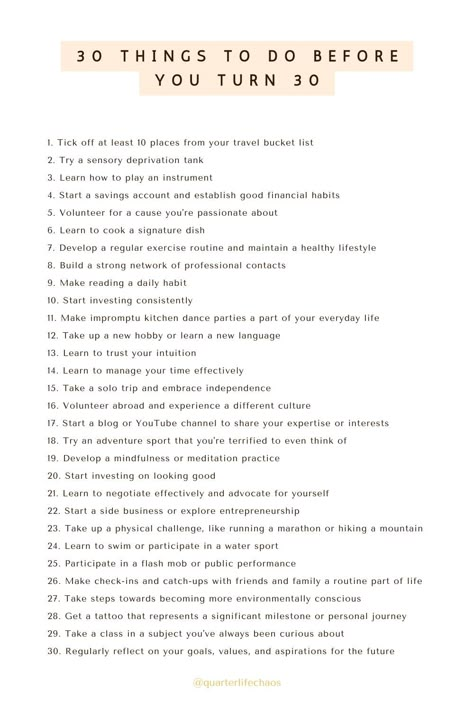 This list contains ideas for your personal bucket list of things you can do before you turn 30 Personal Items List, Do Something New Everyday List, Skills To Learn In Your 20s List, Personal Growth Bucket List, How To Improve Imagination, Tips For Your 20s, Goals To Have In Your 20s, Breakup Bucket List, Hobbies To Try In Your 20s