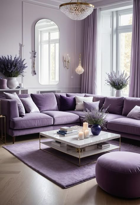 Purple Home Decor Living Room, Purple Home Aesthetic, Purple Accent Living Room, Purple Furniture Living Room, Purple Interior Design Living Room, Purple Sofa Living Room Ideas, Purple Apartment Decor, Purple House Interior Ideas, Lavender Living Rooms