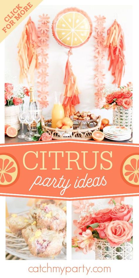 Take a look at this sweet Summer citrus brunch! The floral decorations are wonderful! See more party ideas and share yours at CatchMyParty.com Citrus Table Runner, Citrus Themed Party, Citrus Brunch, Homemade Orange Juice, Citrus Party, Summer Party Planning, Engagement Party Planning, Tissue Flowers, Orange Balloons