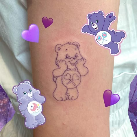 Tenderheart Bear Tattoo, Share Bear Tattoo, Care Bear Tattoo, Fine Tattoos, Care Bear Tattoos, Purple Tattoos, Cute Couple Tattoos, Taylor Swift Tattoo, Cute Tats