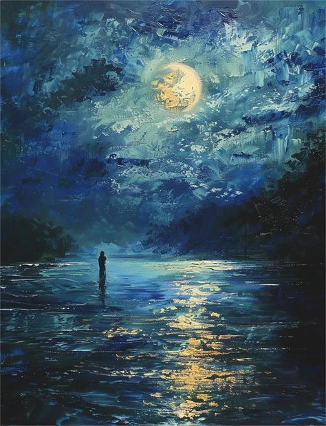 Moon And Ocean Painting, Light In Darkness Painting, Blue Artwork Aesthetic, Ethereal Painting Aesthetic, Oil Painting Background Colour, Dark Blue Night Aesthetic, Blue Ethereal Art, Ethereal Art Inspiration, Dark Blue Cottagecore