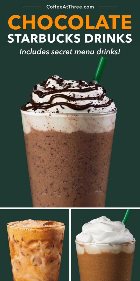 The complete guide to all of the Starbucks chocolate drinks, including secret menu items! #starbucks #starbuckssecretmenu #chocolatedrinks #mocha #starbucksmochadrinks Different Starbucks Drinks, Starbucks Chocolate Drinks, Mocha Drink Recipe, At Home Espresso, List Of Drinks, Dark Chocolate Mocha, Frozen Coffee Drinks, Caffeinated Drinks, Mocha Drink