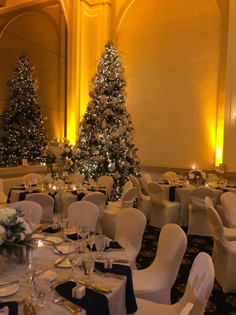 Christmas decor -Grand Ballroom at Historic Hotel Bethlehem, 2015 Christmas Ballroom Decor, Christmas Venue Decor, Christmas Party Venue Decorations, Hotel Christmas Party, Winter Wedding Ballroom, Christmas Venue Decorations, Christmas Gala Aesthetic, White Christmas Wedding Decorations, Winter Wedding Astethic