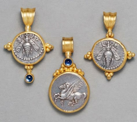 Antiquarium, Ltd.: pendants made from ancient coins, including Hellenistic silver Drachm of Arados (circa 169-168 BC) with the bee of Artemis facing forward, some set with cabochon sapphires Silver Coin Jewelry, Engagement Ring 1 Carat, Hand Engraved Jewelry, Coin Jewellery, Ring 1 Carat, Ancient Coin Jewelry, Byzantine Jewelry, Ancient Jewellery, German Silver Jewelry