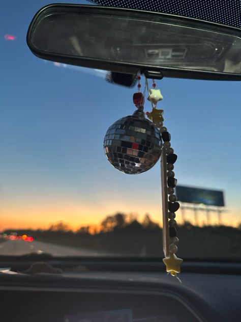 Disco Ball Rear View Mirror, Mirrorball Car Decoration, Disco Ball In Car, Disco Ball Car Decor, Car Disco Ball, Taylor Swift Car Decor, Cute Car Accessories Aesthetic, Taylor Swift Car, Orange Disco Ball