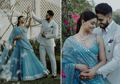 25 Minimalistic Bridal Lehengas you can mix-n-match for a whole new stunning look! | Fashion | WeddingSutra Simple Indian Engagement Outfits, Simple Indian Engagement Look, Blue Engagement Dress Indian, Day Engagement Outfit Indian, Pastel Engagement Lehenga, Contrast Colour Combination Bride And Groom, Dusty Blue Lehenga, Pastel Couple Outfit, Engagement Lehenga Indian Couple