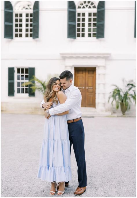 White And Blue Engagement Photos, Engagement Photos Outfits Blue Dress, Light Blue Dress Engagement Photos, Blue And White Dress Engagement Photos, Blue And White Engagement Photos, Engagment Photo Spring Outfits, Preppy Engagement Pictures, June Engagement Photos Outfits, Blue Dress Engagement Photos