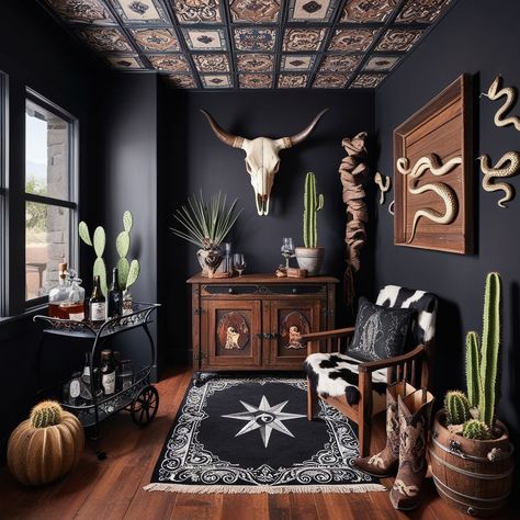 Western Gothic Decor, Southwestern Interior, Ornate Ceiling, Gothic Interior Design, Western Bar, Western Living Room, Western Interior, Cow Skulls, Gothic Interior