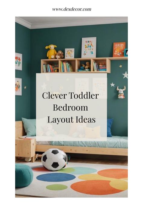 Colorful toddler bedroom with green walls, toys, books, and a rainbow rug. Kids Daybed Room Ideas Boys, Small Space Toddler Bedroom, Boys Twin Bedroom Ideas, Boys Room Small Space, Tiny Toddler Bedroom, Boys Room Design Small Bedrooms, Toddler Bedroom Layout, Toddler Room Organization Ideas, Small Toddler Bedroom Boy