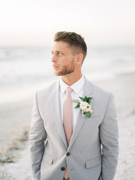 Light gray suit and pink tie groom suit inspiration at The Ritz-Carlton Sarasota Suit For Summer Wedding, Light Grey Suits Wedding, Grey Suit Pink Tie, Light Grey Suit Men, Grey Tuxedo Wedding, Summer Wedding Groom, Groom Suit Grey, Light Gray Wedding, Wedding Groom Suit