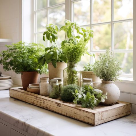 Kitchen Herb Garden Indoor, How To Decorate Kitchen Counters, Kitchen Plants Decor, Garden In Kitchen, Window Herb Garden, Kitchen Countertop Decor, Herb Garden In Kitchen, Plant Kitchen, Kitchen Plants