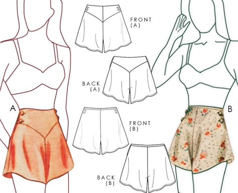 Sewing Pattern: 1930s vintage style French knickers with a touch of nostalgia. Features a side fastening and optional lace trim with a shaped yoke for added elegance. Enjoy the flair of flared legs with this classic design. Create your own timeless and stylish lingerie with this vintage-inspired pattern. #SewingPatterns #VintageFashion #FrenchKnickers #DIYFashion French Knicker Set, Panty Sewing Pattern, Flared Shorts Pattern, Sewing Patterns For Beginners Free, Pantie Pattern Free, Free Sewing Patterns For Beginners Woman, Sewing Pattern Lingerie, Shapewear Sewing Pattern, Vintage Clothes Sewing Patterns