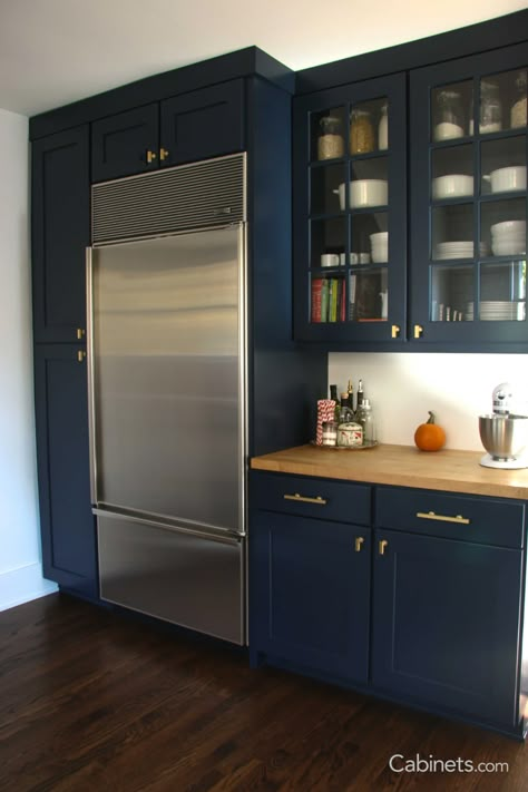 Blue Cabinets With Butcher Block, Kitchen With Butcher Block Counters, Navy Kitchen Cabinets, Kitchen Cabinet Liners, Navy Blue Kitchen Cabinets, Dreamy Kitchens, Navy Cabinets, Navy Kitchen, Online Kitchen Cabinets