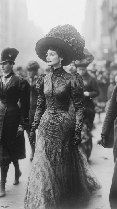 In a monochromatic snapshot of a bygone era, a woman exudes elegance and grace as she parades down a crowded street. Her Victorian era attire, featuring a tightly fitted bodice and a flowing skirt, is complemented by a spectacularly large and ornate hat adorned with flowers. Her confident pose and distant gaze suggest a story of sophistication in the midst of everyday city life, capturing the essence of historical fashion and societal norms. Gothic History Fashion, Victorian Era Photos, Hobble Skirt 1910, Victorian England Aesthetic Fashion, Turn Of The Century Fashion, Women’s Vintage Fashion, Industrial Era Fashion, 1840s Fashion Poor, Poor Victorian Clothes