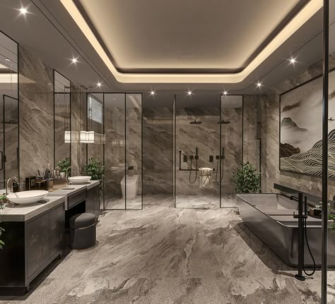 Luxury Style Villa Design / South Africa :: Behance Modern Mansion Interior Bathroom, Executive Bathroom Design, Luxury Half Bathroom, Royal Bathroom Luxury, Large Bathroom Ideas Master Suite, Idol Dorm, Fancy Bathroom Luxury, Luxury Dark House, Big Luxury Bathroom