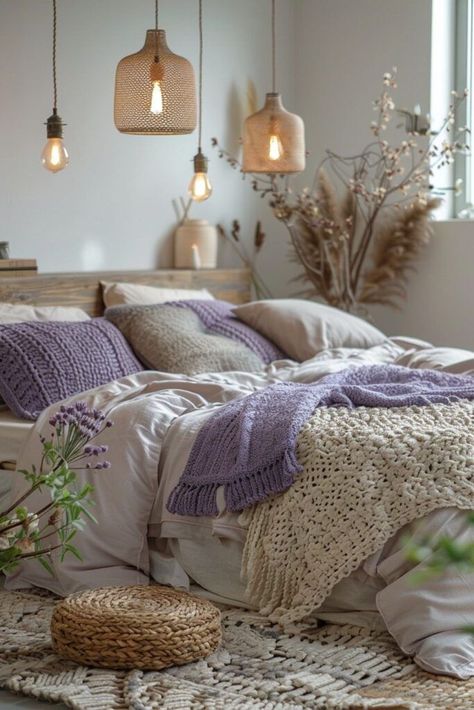 Lavender Boho Bedroom, Lavender Bedroom Decor, Plush Decor, Gentle Lighting, Lilac Bedroom, Peaceful Decor, Sage Bedroom, Lavender Bedroom, Fall Bedroom Ideas