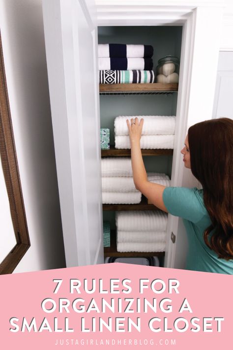 Learn how to organize a small linen closet with these easy tips and tricks that will have your sheets and towels looking neat and tidy in no time! | #linencloset #smalllinencloset #linenclosetorganization #organizedlinencloset via @justagirlabby Linen Closet Storage Ideas Small Spaces, Small Linen Closet Organization, Small Linen Closet, Abby Lawson, Closet Organization Tips, Small Linen Closets, Airing Cupboard, Organizing Linens, Closet Solutions